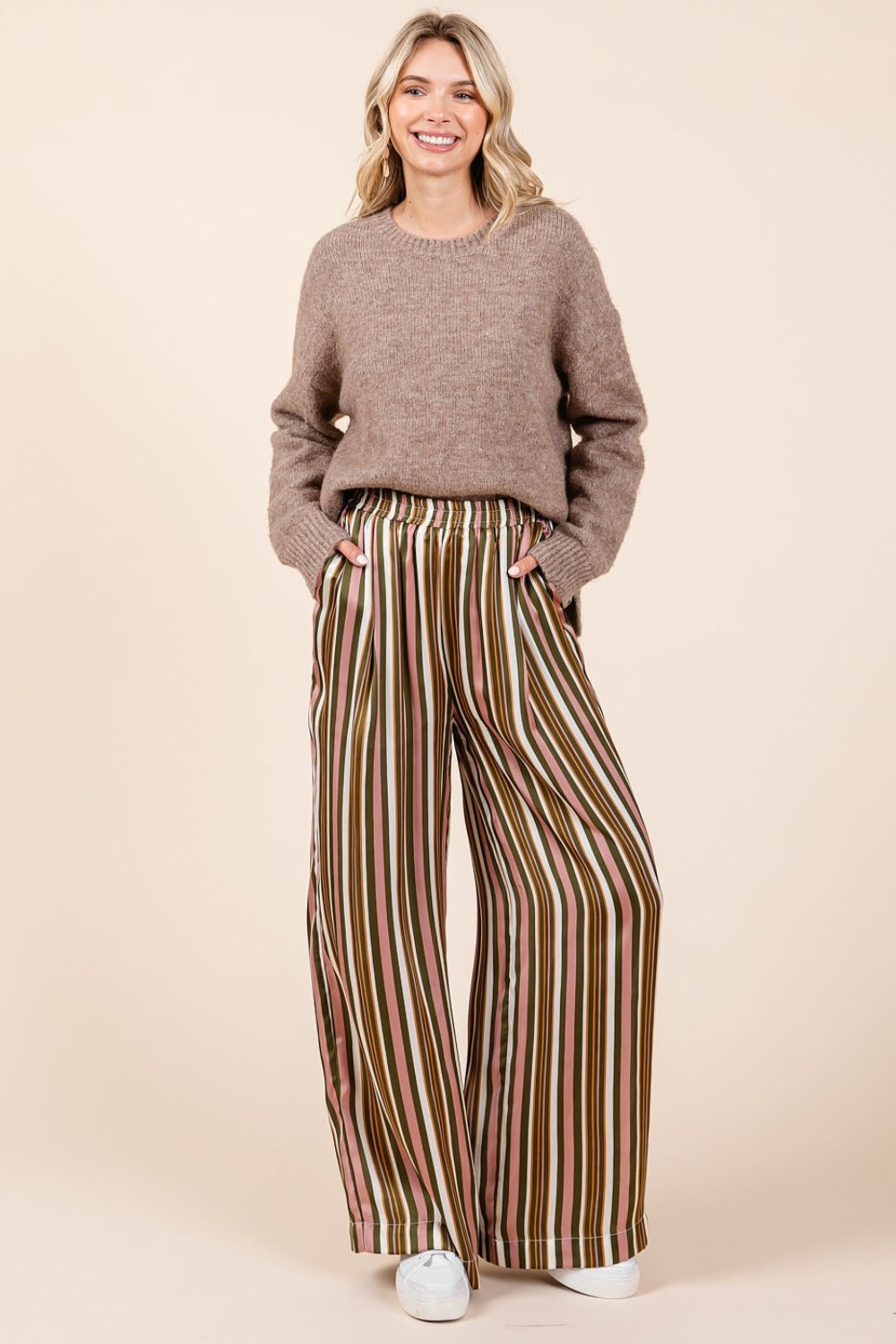 Mittoshop Oh Hey There Striped Satin Elastic Waist Wide Leg Pants in Mauve Multi