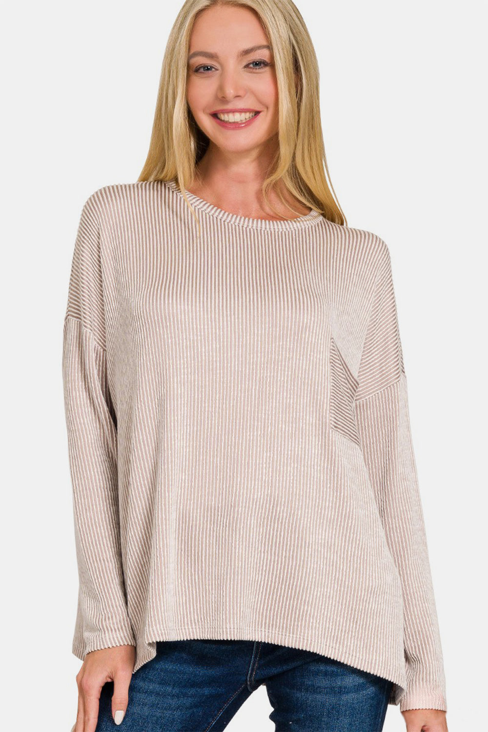 Zenana Lined Up Ribbed Striped Long Sleeve T-Shirt in Ash Mocha