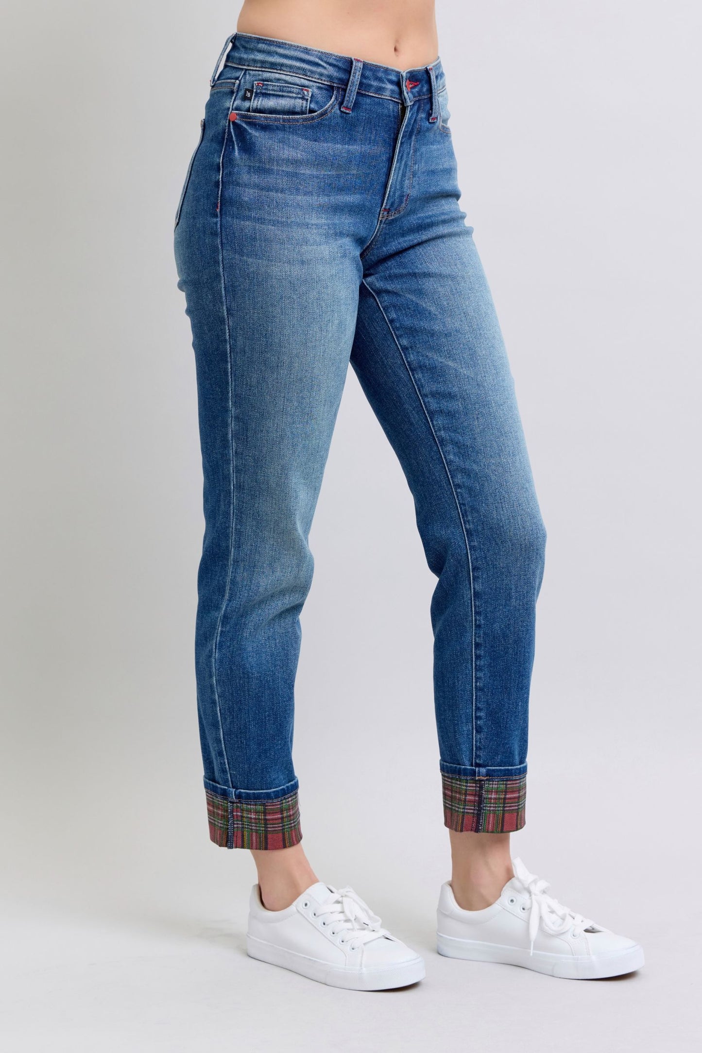 Judy Blue Julia Plaid Print Cuff Straight Leg Jeans with Pockets