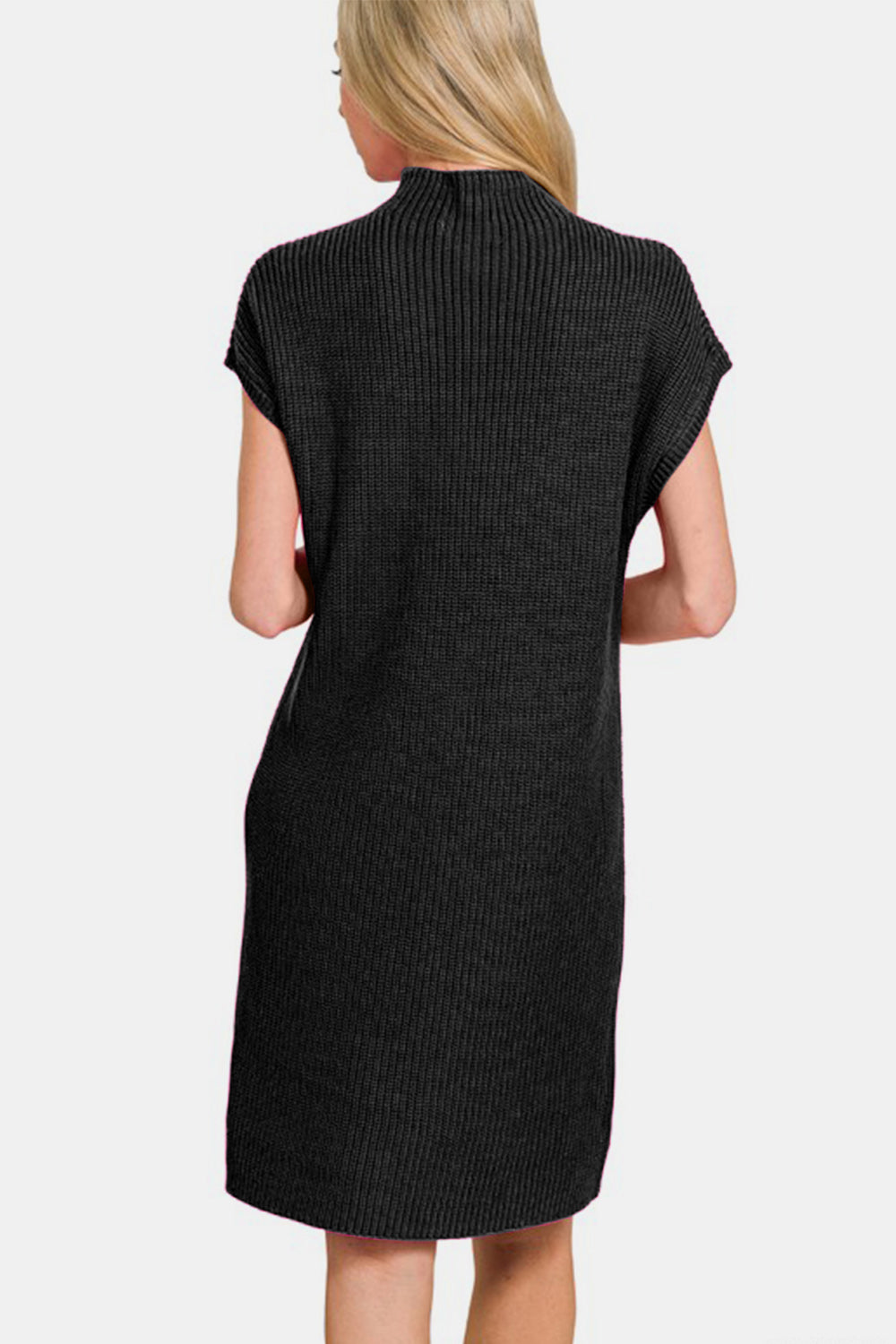 Zenana Spring Chill In The Air Mock Neck Short Sleeve Sweater Dress in Black