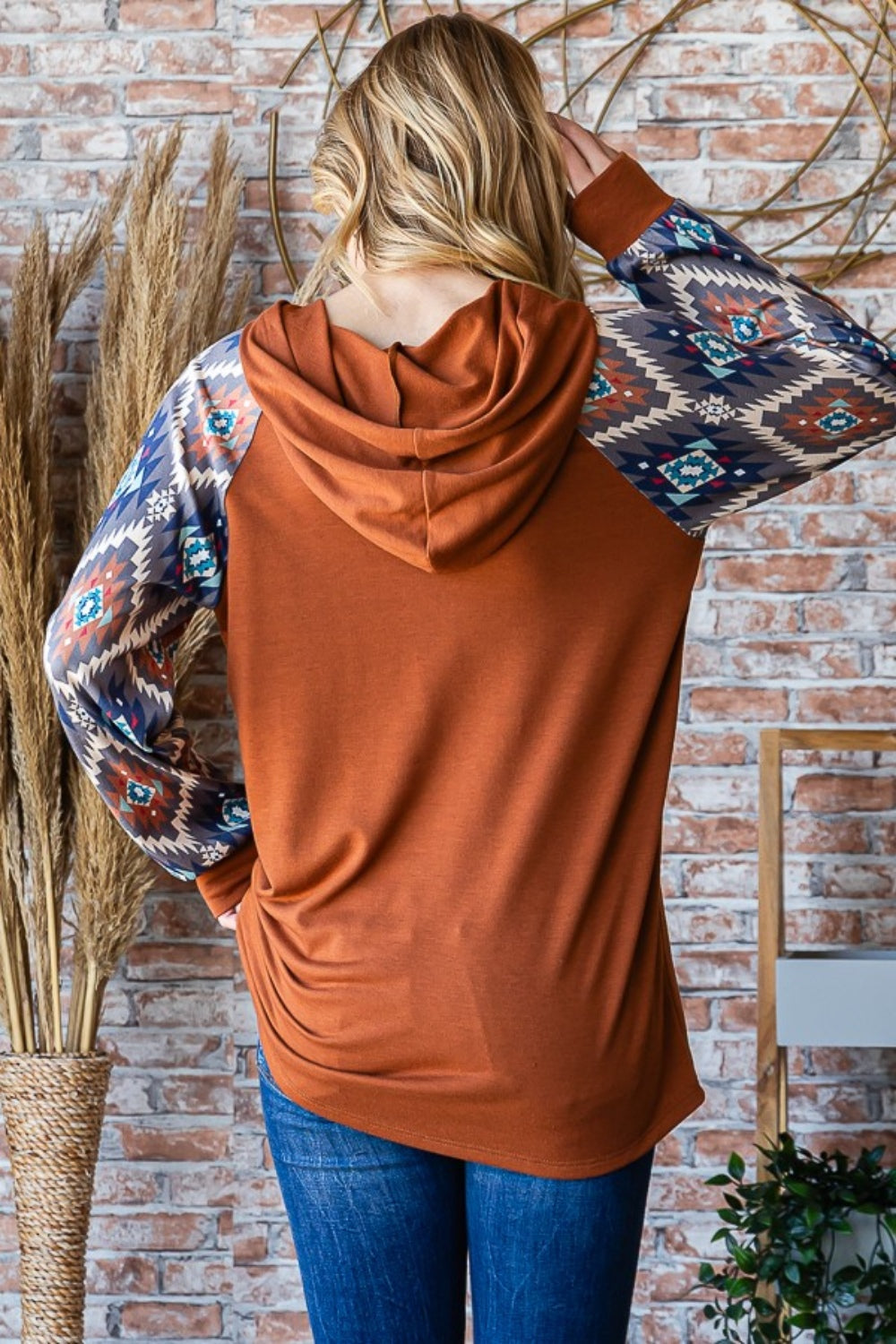Heimish All Day Vibin' Half Button Printed Long Sleeve Hooded Top in Mocha Brown