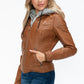 YMI Fuzzy Feels Faux Layered Double-Zipper Jacket with Fuzzy Hood in Camel