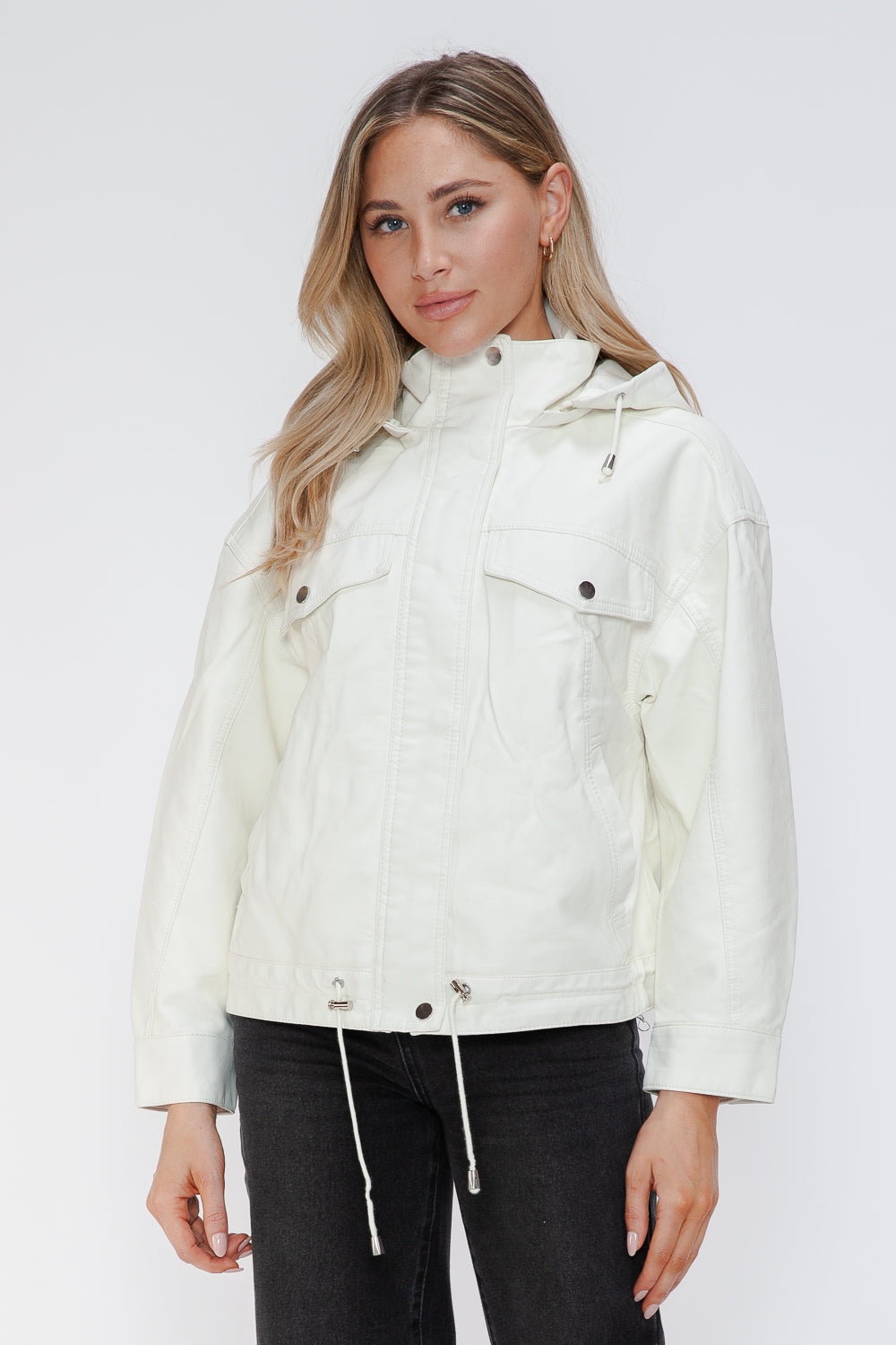 How Dare U My Favorite Layer Drawstring Hem PU Leather Zip Up Jacket in White