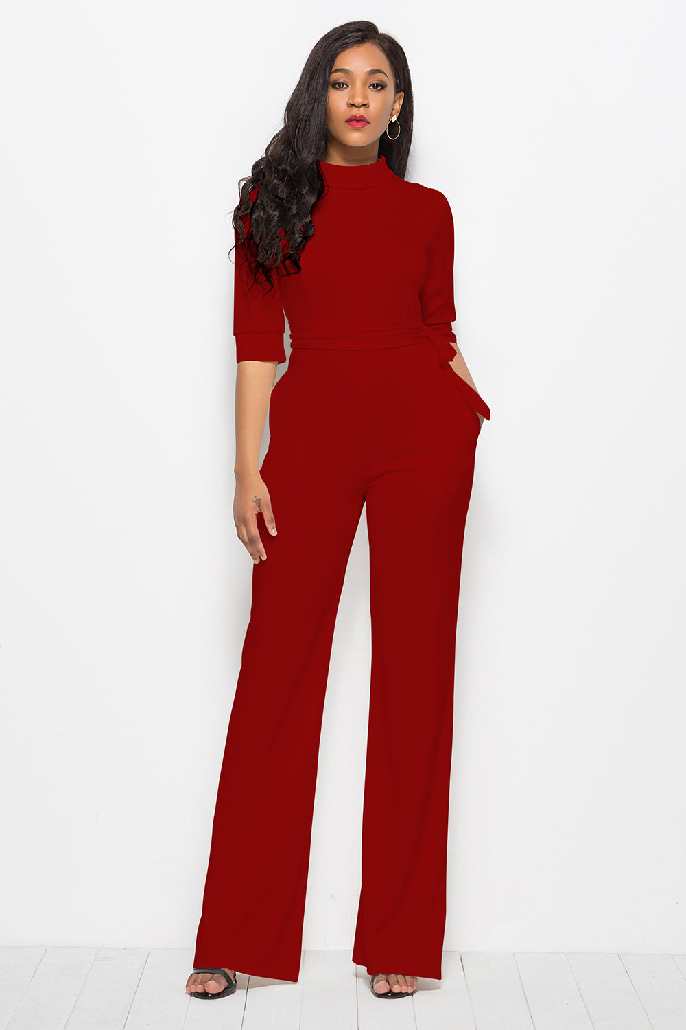 Driven Mock Neck Tie-Waist Half Sleeve Jumpsuit with Pockets