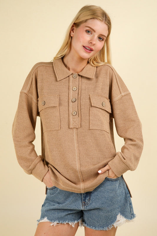 VERY J My Knit Game Collared Half Button Knit Top with Pockets in Taupe