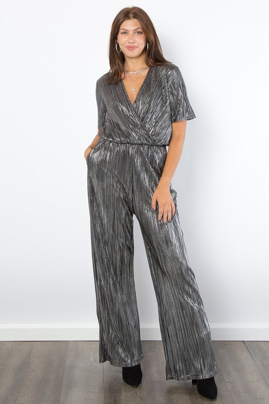 Be Stage Ready To Turn Heads Surplice Short Sleeve Pleated Foil Jumpsuit in Silver