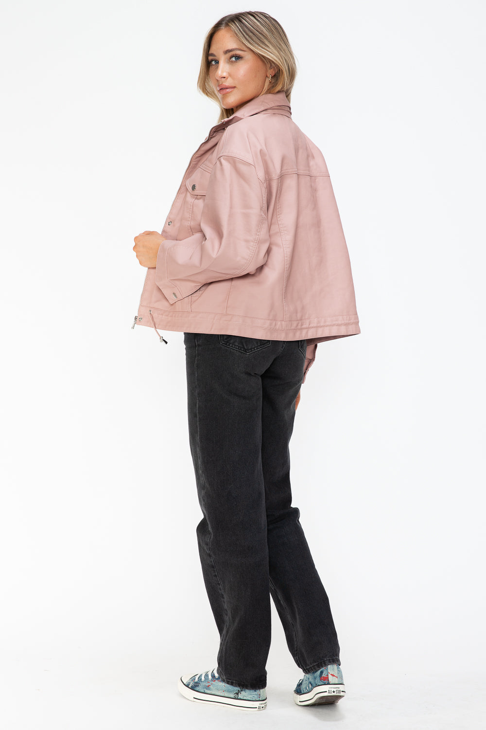 How Dare U My Favorite Layer Drawstring Hem PU Leather Zip Up Jacket in Mauve