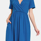 Zenana On The Right Track Surplice Short Sleeve Brushed DTY Dress in Classic Blue