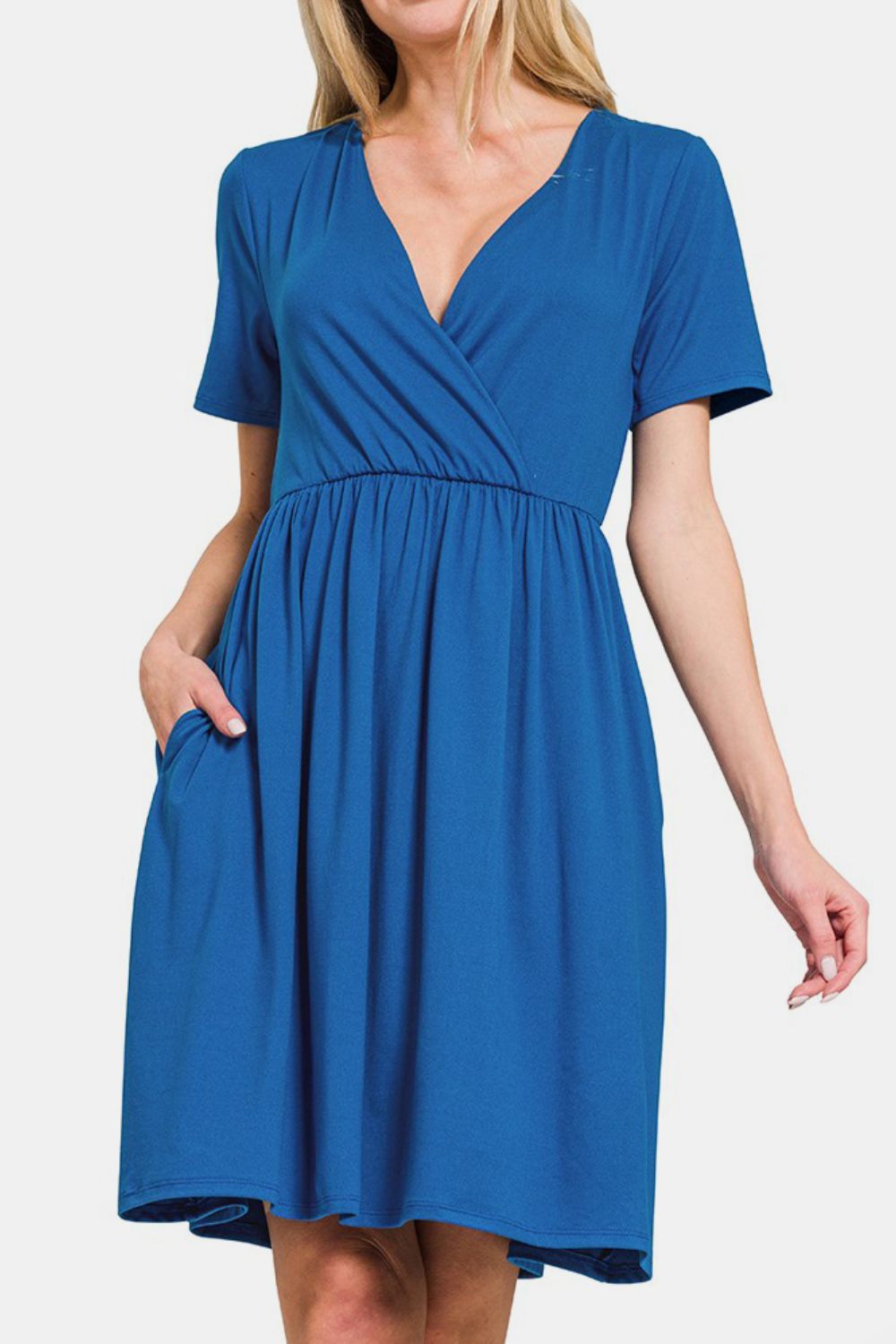 Zenana On The Right Track Surplice Short Sleeve Brushed DTY Dress in Classic Blue