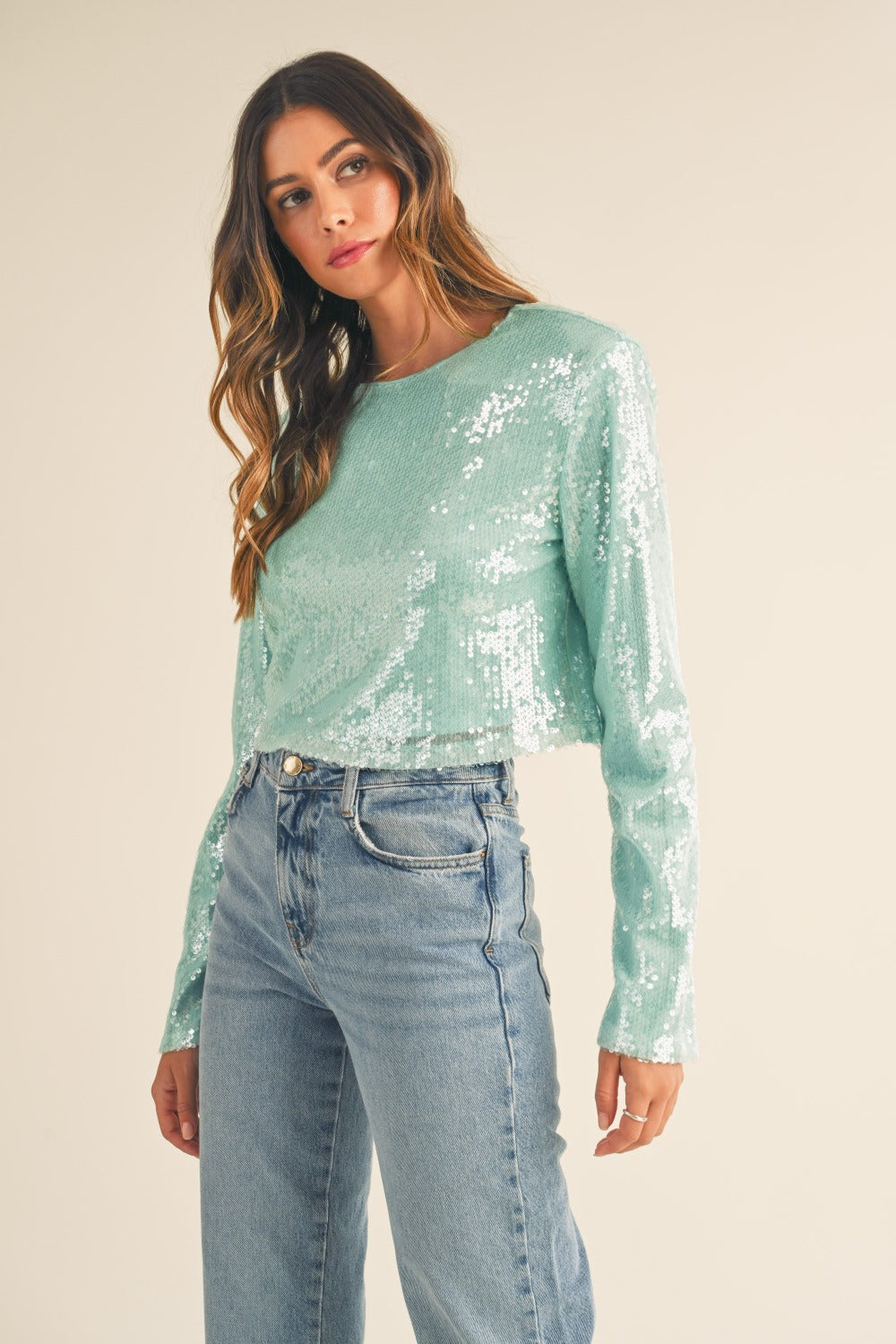 MABLE Bringing The Glitz Shoulder Padded Sequin Crop Top in Mint