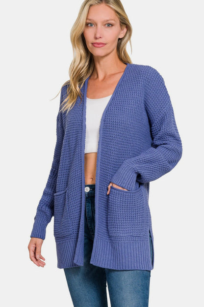 Zenana Chilly Days Waffle Open Front Sweater Cardigan in Marlin