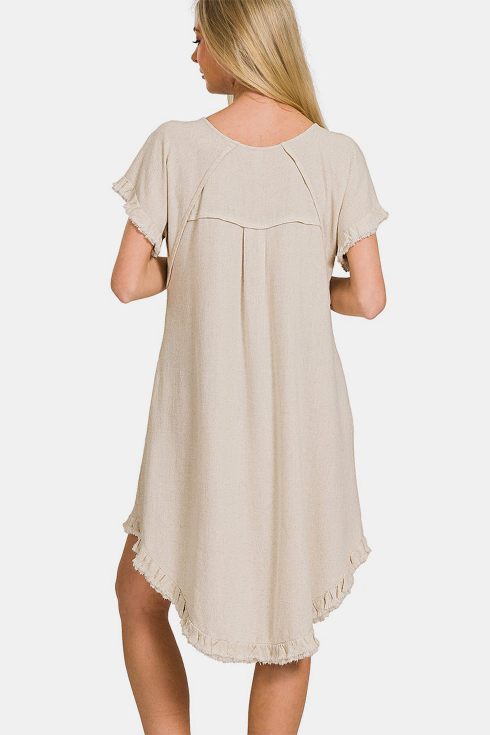 Zenana Spotted Downtown Fringe Edge High Low Flowy Dress with Pockets in Beige