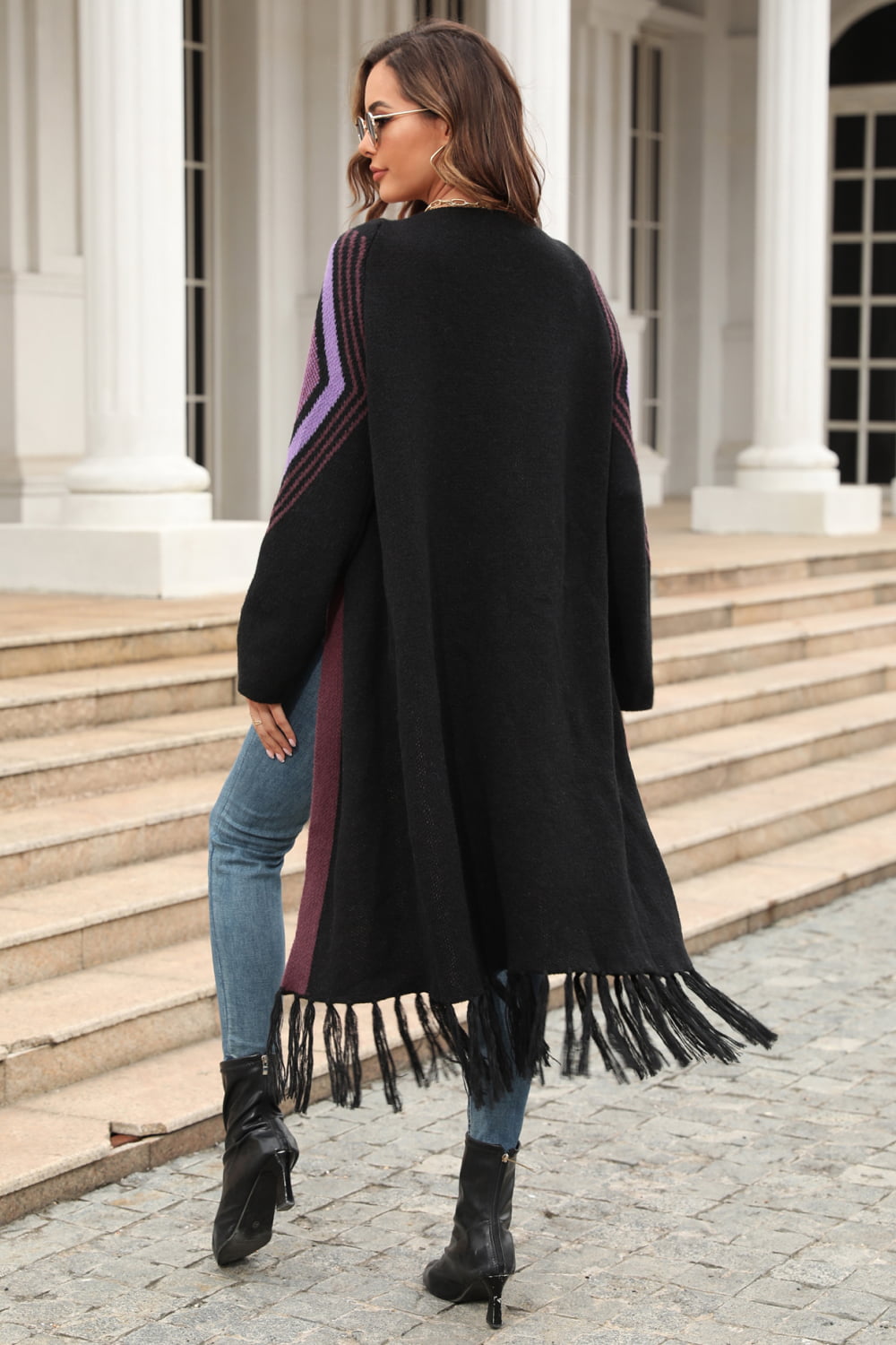 Angel Wings Fall, I'm Ready Geometric Fringe Hem Open Front Duster Cardigan