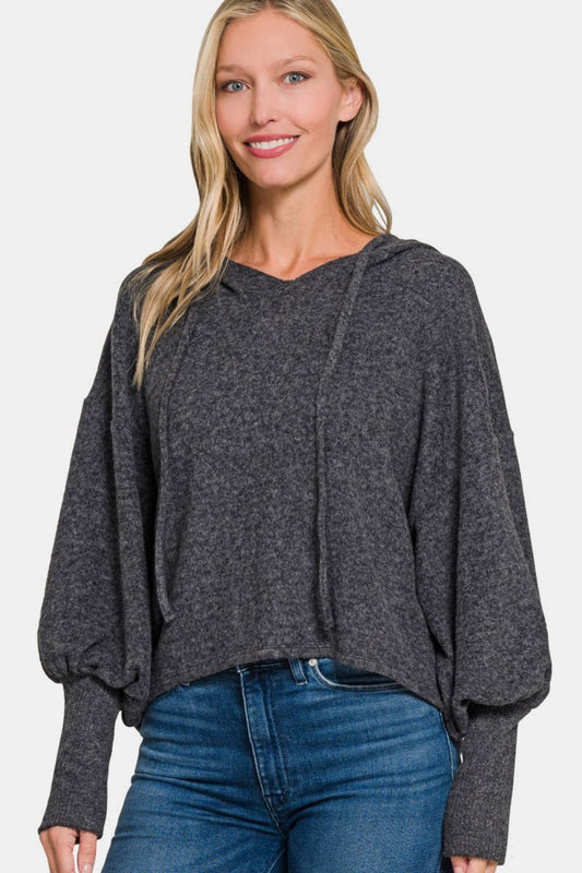 Zenana Brushed Perfection Hacci Drop Shoulder Cropped Hoodie in Black