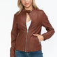 Snobbish Born To Ride PU Leather Biker Jacket with Side Zip Pockets in Brandy