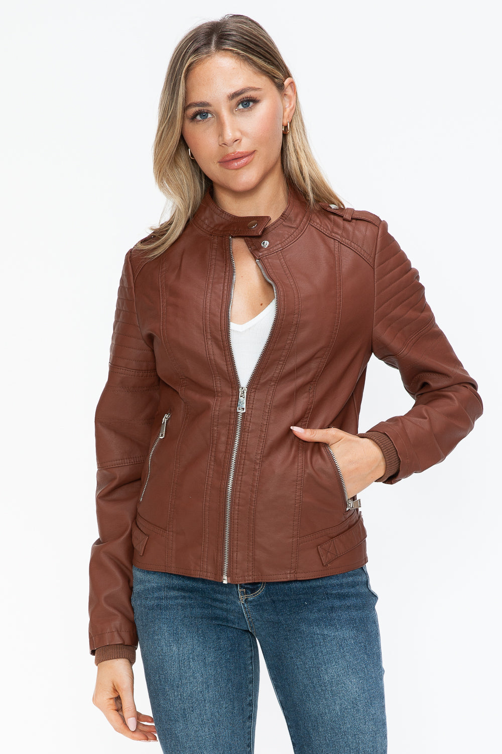 Snobbish Born To Ride PU Leather Biker Jacket with Side Zip Pockets in Brandy