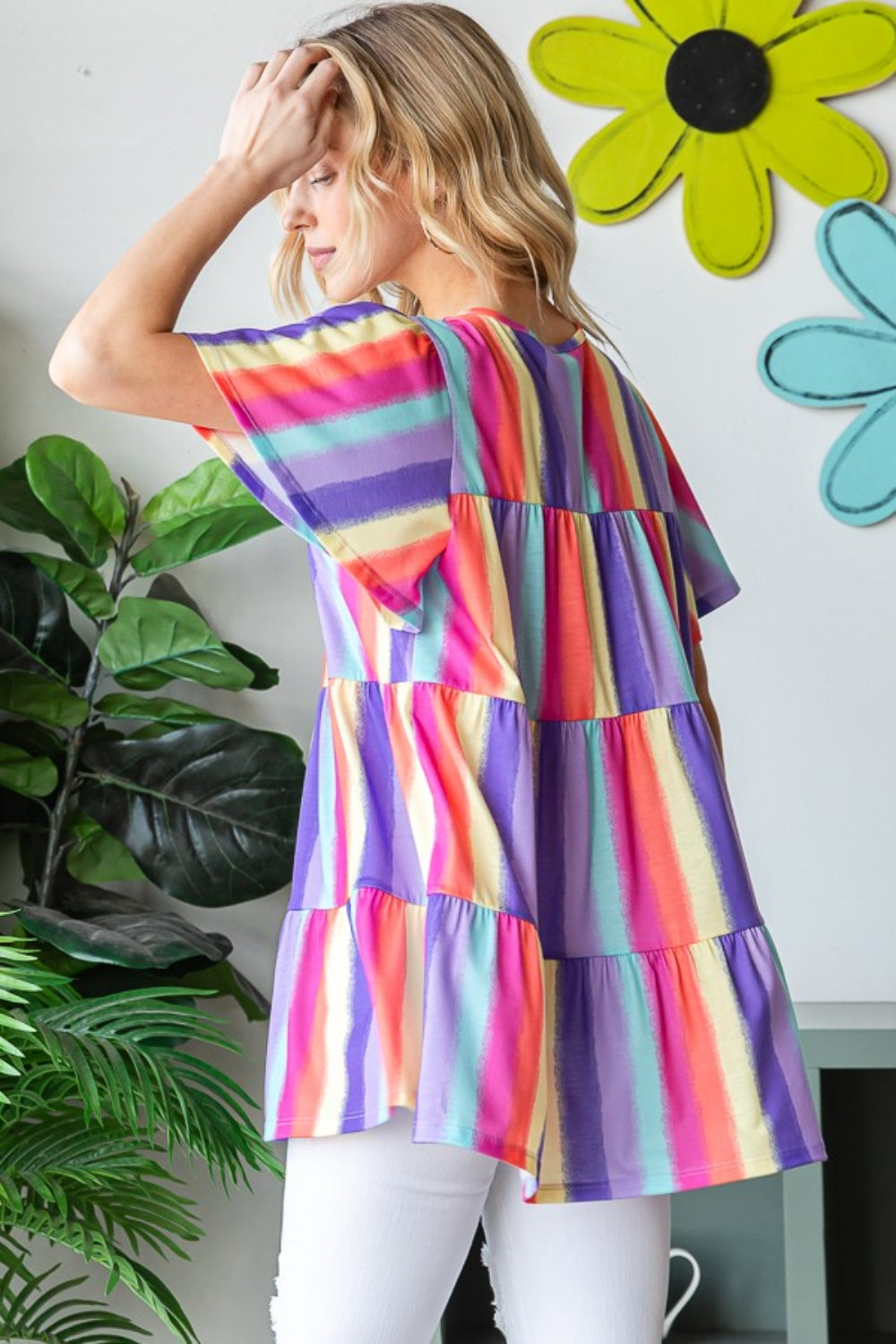 Heimish Rainbow Charm Short Sleeve Striped Tiered Top