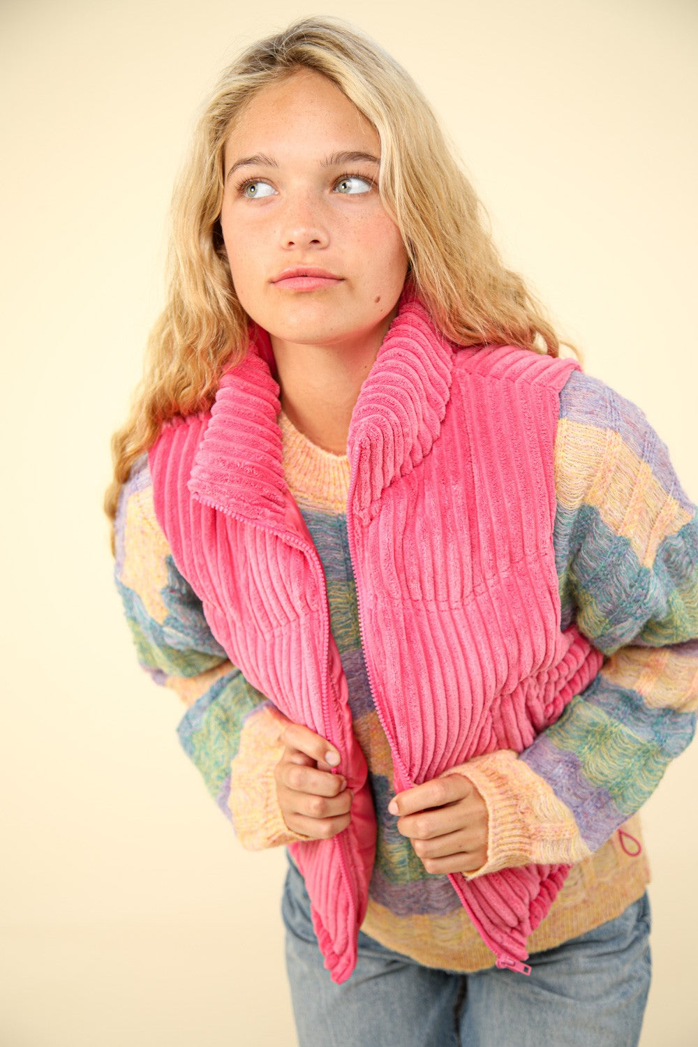 VERY J Fall Adventures Zip Up Padded Corduroy Puffer Vest in Pink