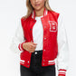 Love Me Now Bring The Love PU Leather Contrast Snap Down Bomber Jacket in Red/Wine
