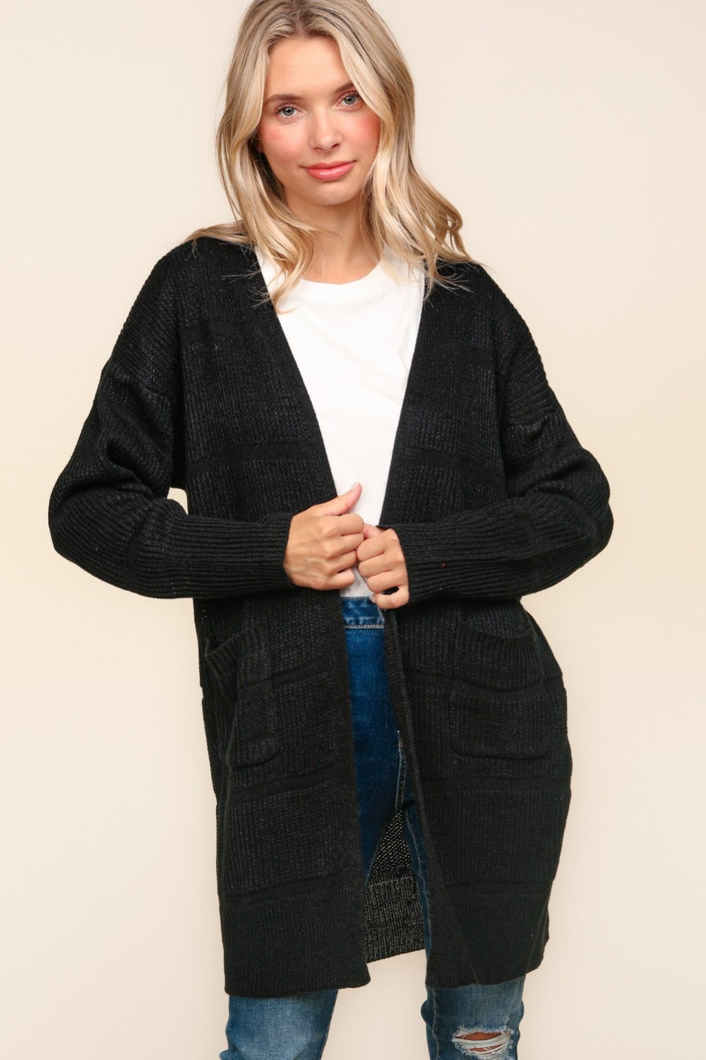 Haptics Crisp Nights Stripe Textured Open Front Cardigan with Pockets in Black