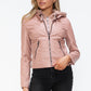 Snobbish Embrace The Day Faux Leather Zip Up Drawstring Hooded Jacket in Mauve