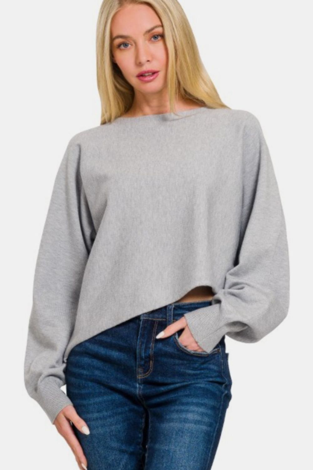 Zenana Oh So Cozy Asymmetric Hem Long Sleeve Sweater in Heather Grey