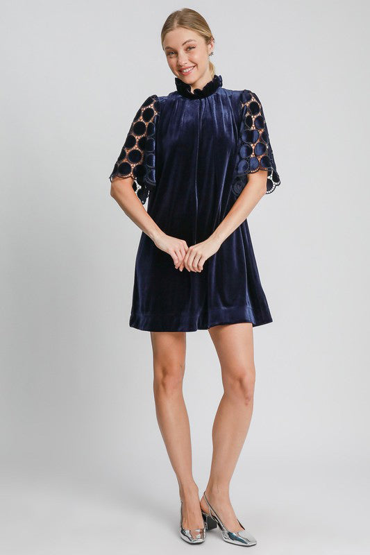 Umgee A Magic Match Dotted Lace Half Sleeve Mock Neck Back Tie Velvet Dress in Navy