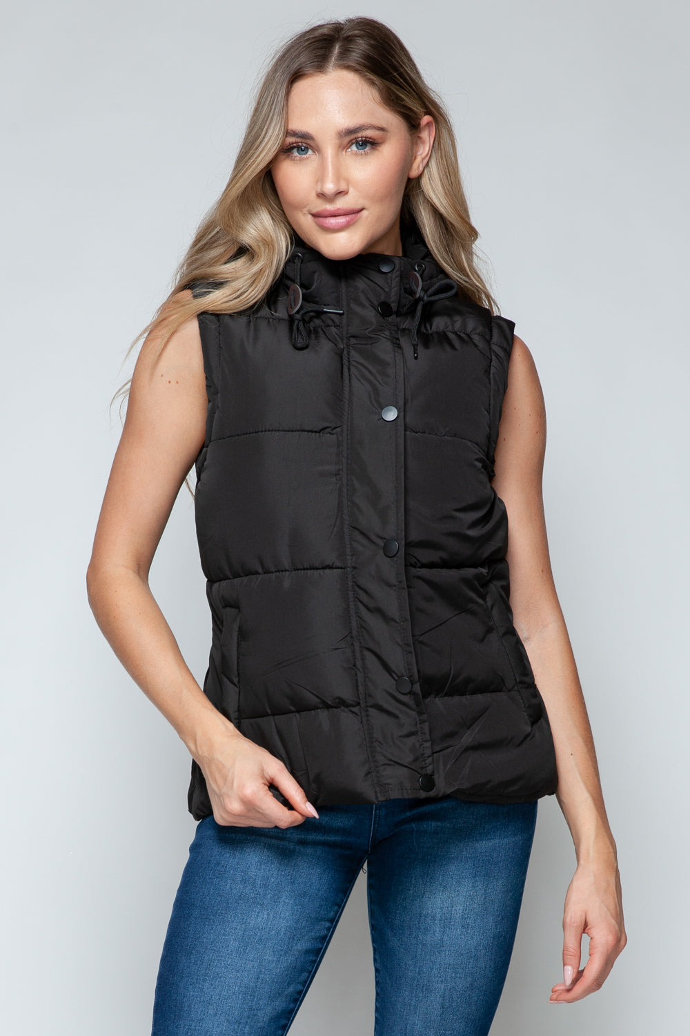 Snobbish Cute and Cozy Snap and Zip Closure Hooded Vest in Midnight/ Black