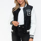 Love Me Now Bring The Love PU Leather Contrast Snap Down Bomber Jacket in Black/ White