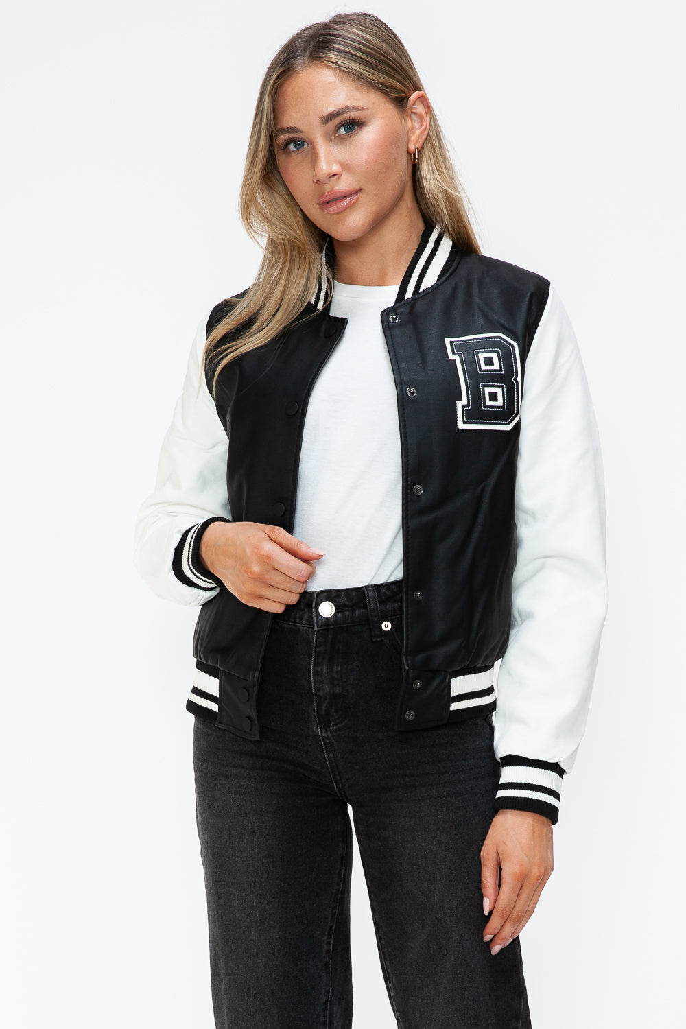 Love Me Now Bring The Love PU Leather Contrast Snap Down Bomber Jacket in Black/ White