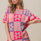 BiBi Pink and Purple Vibes Flower Checker Pattern Short Sleeve Sweater