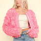 VERY J Feeling Fuzzy and Fabulous Shaggy Yarn Knit Zip Up Jacket in Pink Multi