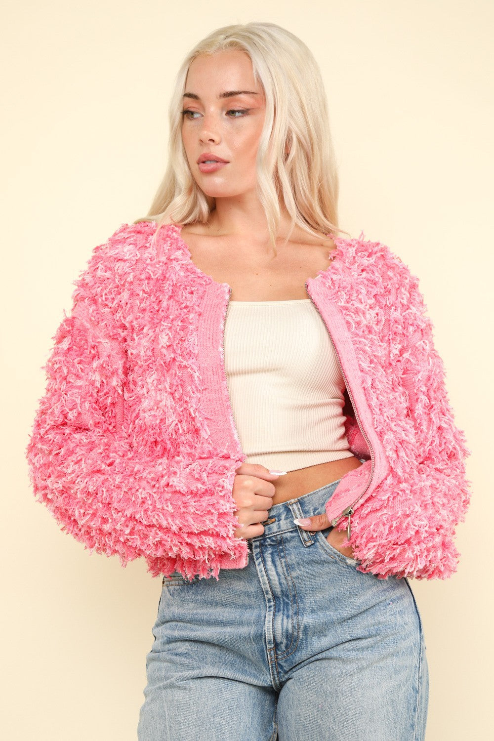 VERY J Feeling Fuzzy and Fabulous Shaggy Yarn Knit Zip Up Jacket in Pink Multi