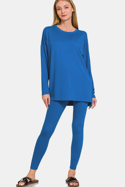 Zenana Lazy Days Brushed Microfiber Top and Leggings Lounge Set in Classic Blue