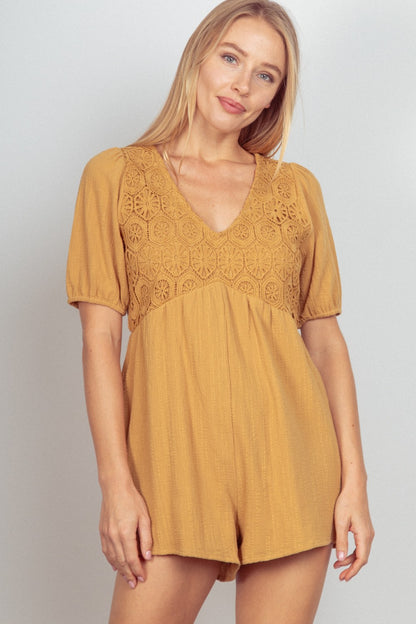 VERY J Date Night Lace Detail Puff Sleeve Romper with Pockets in Camel