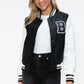 Love Me Now Bring The Love PU Leather Contrast Snap Down Bomber Jacket in Black/ White