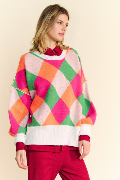 Davi & Dani Enchant Exposed Seam Color Block Dropped Shoulder Sweater