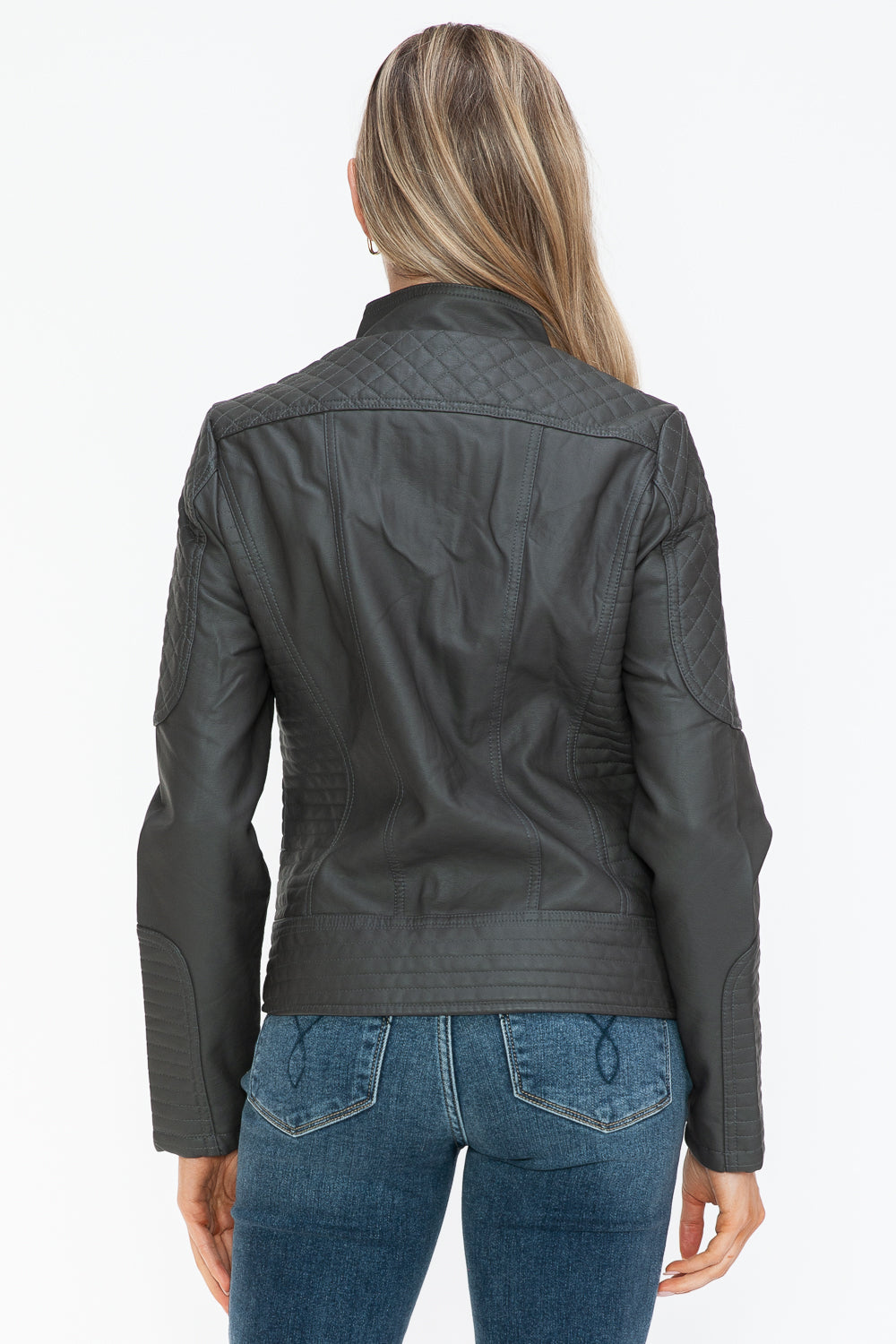 Snobbish Ready To Own The Night Faux Leather Zip Up Mock Neck Jacket in Charcoal