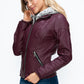 YMI Fuzzy Feels Faux Layered Double-Zipper Jacket with Fuzzy Hood in Wine
