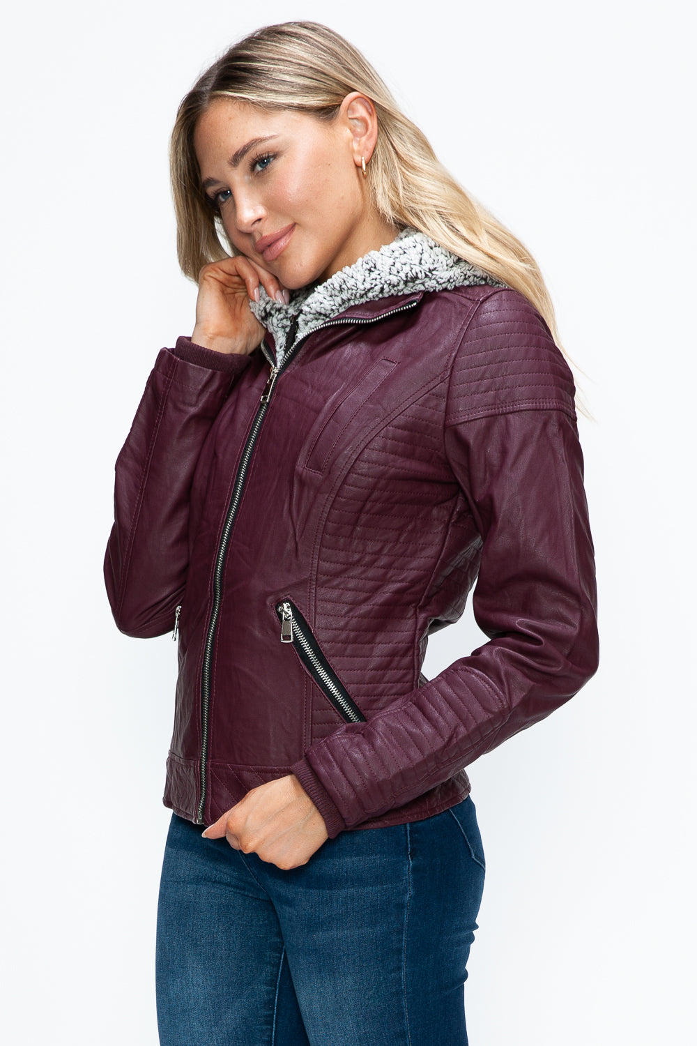 YMI Fuzzy Feels Faux Layered Double-Zipper Jacket with Fuzzy Hood in Wine