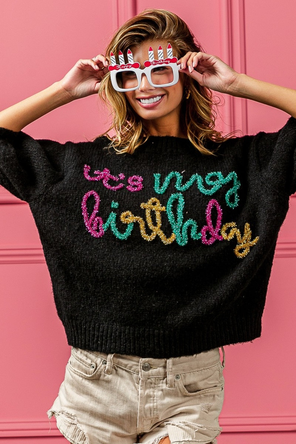 BiBi It's My World Metallic Letter Puff Sleeve Hairy Sweater