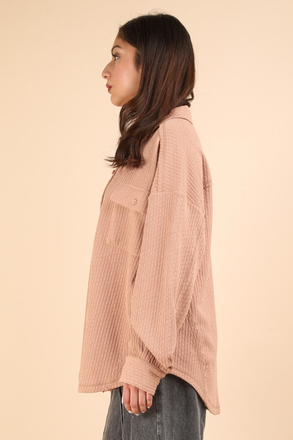 VERY J I'm Covered Button Down Textured Knit Shacket in Blush