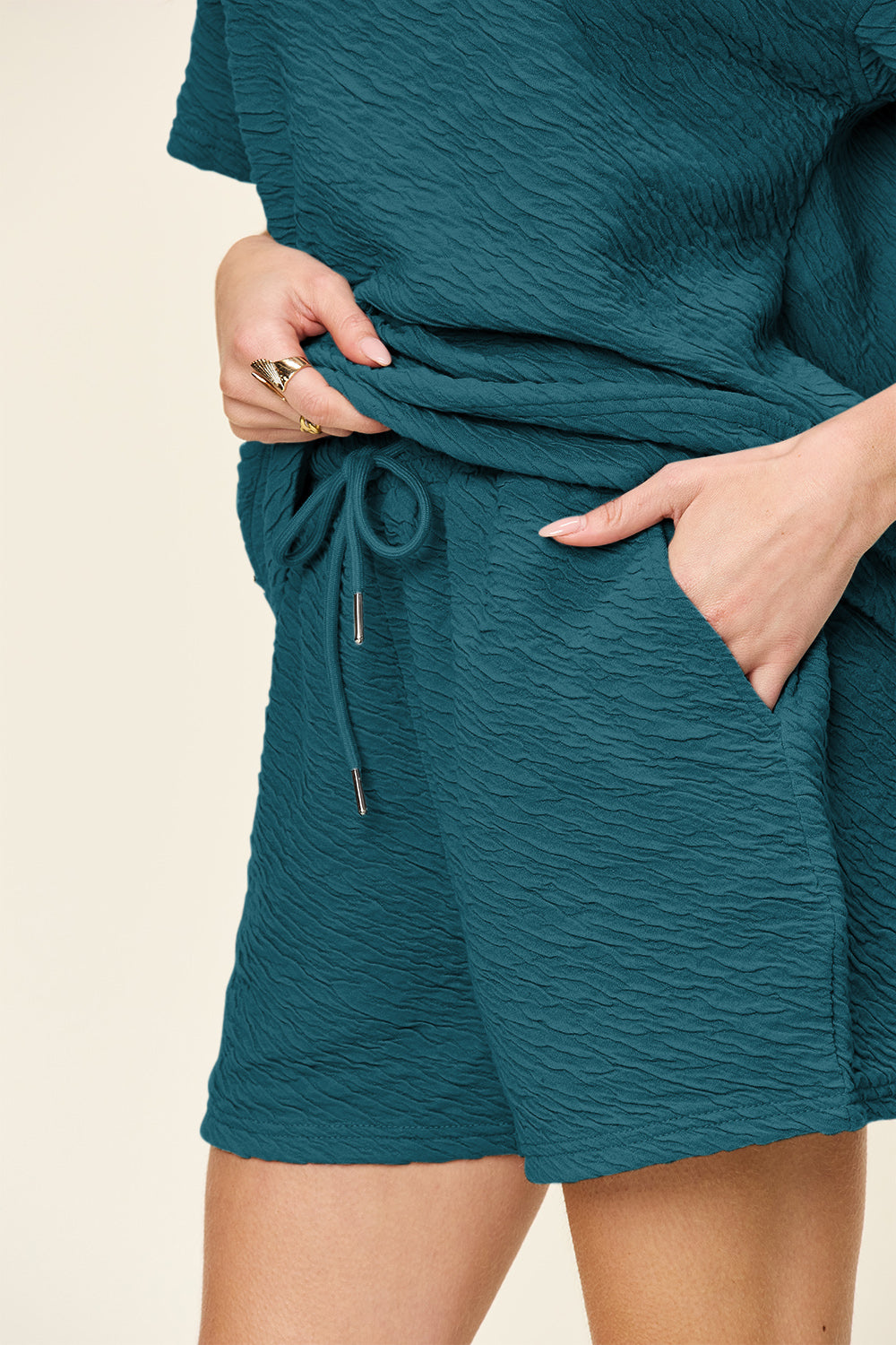 Double Take New Beginnings, Same Me Texture Short Sleeve T-Shirt and Drawstring Shorts Set