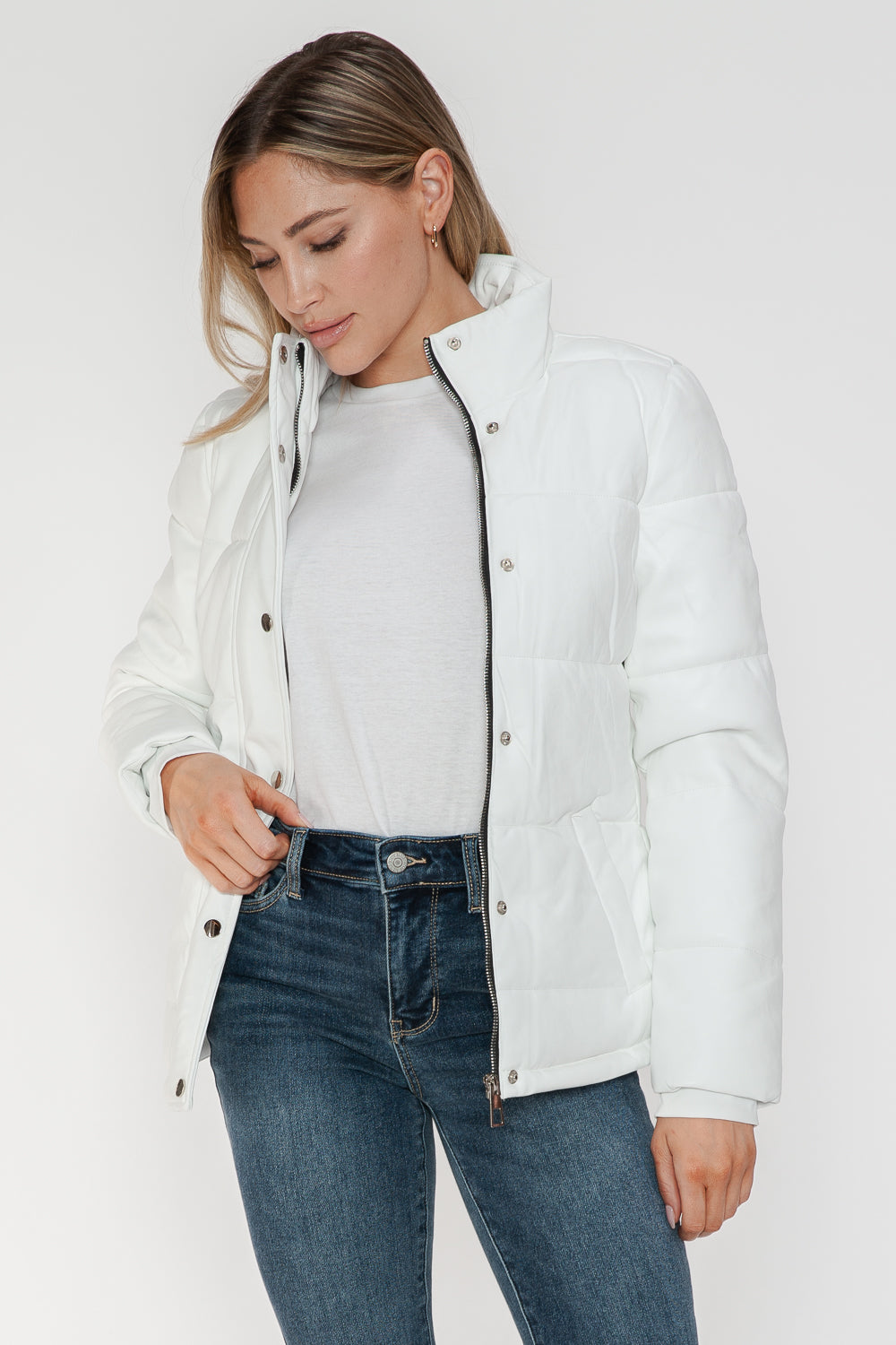 YMI Cozy Perfection Pocketed Zip Up Turtleneck Puffer Jacket in White