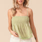 BiBi Already Famous Fringed Hem Smocked Cami in Sage