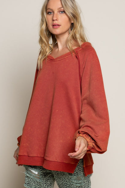 POL Feeling Happy Back Cross Strap Detail Balloon Sleeve Sweatshirt in Golden Poppy