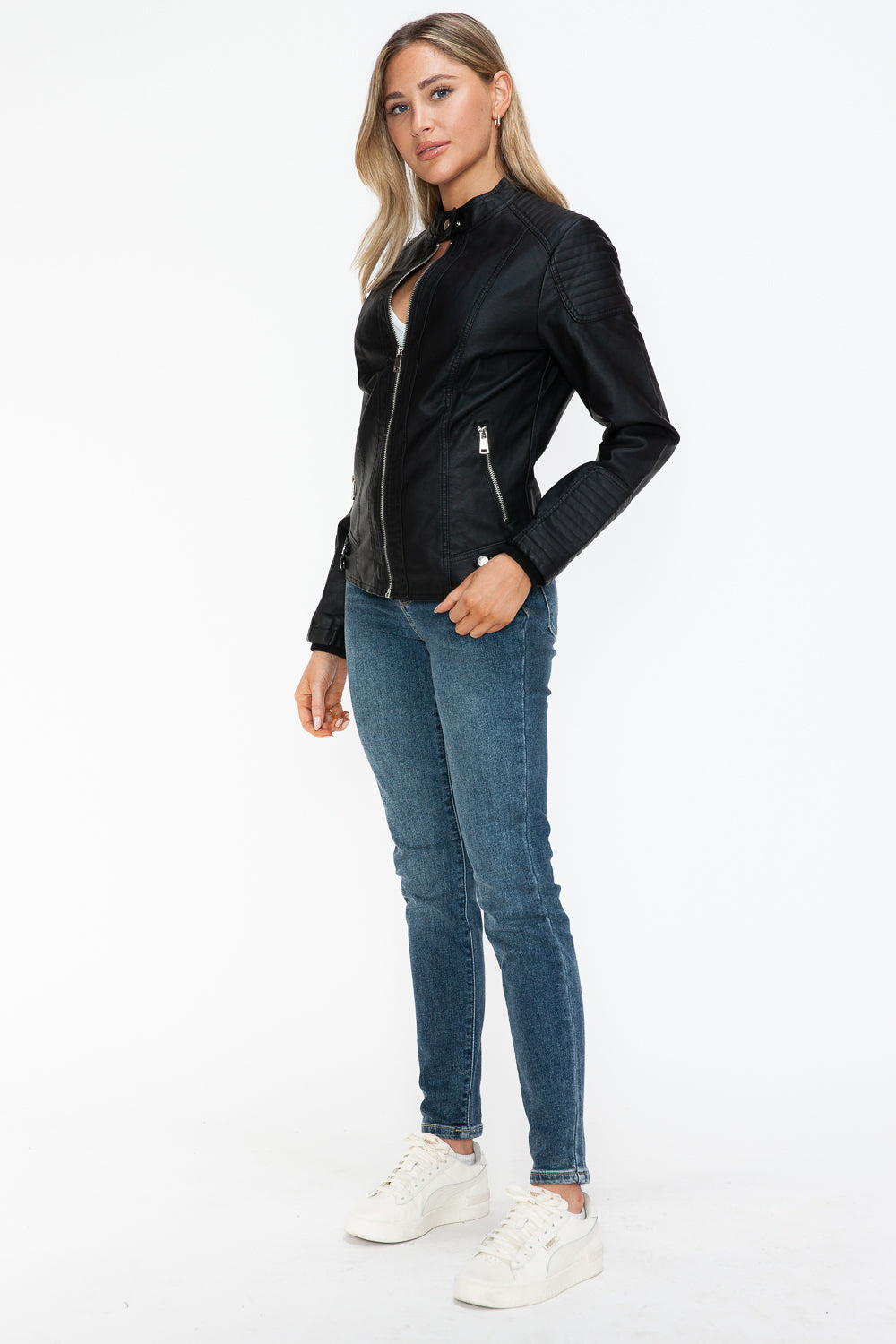 Snobbish A Wild Ride Faux Leather Biker Jacket with Side Zip Pockets in Black