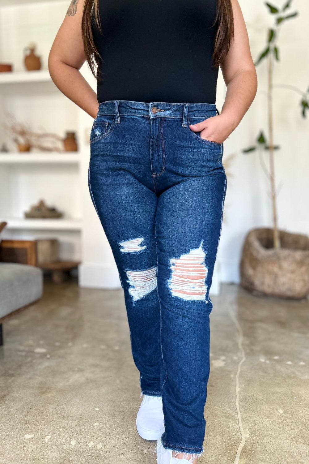 Judy Blue Nana High Waist Rigid Magic Heavy Destroy Straight Jeans