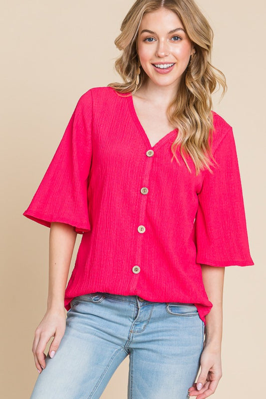 BOMBOM Fuchsia Rose Texture Decorative Button V-Neck Top