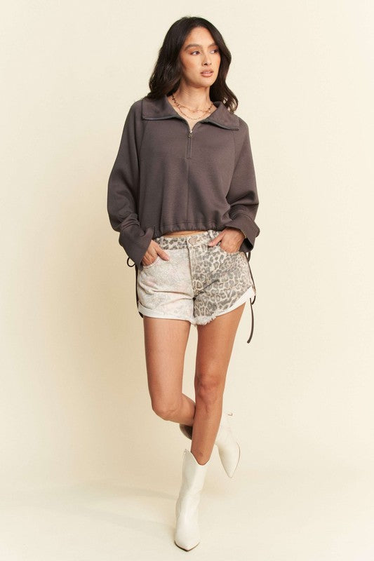 Davi & Dani Good Vibes Only Drawstring Hem Half Zip Raglan Sleeve Sweatshirt in Coffee Brown